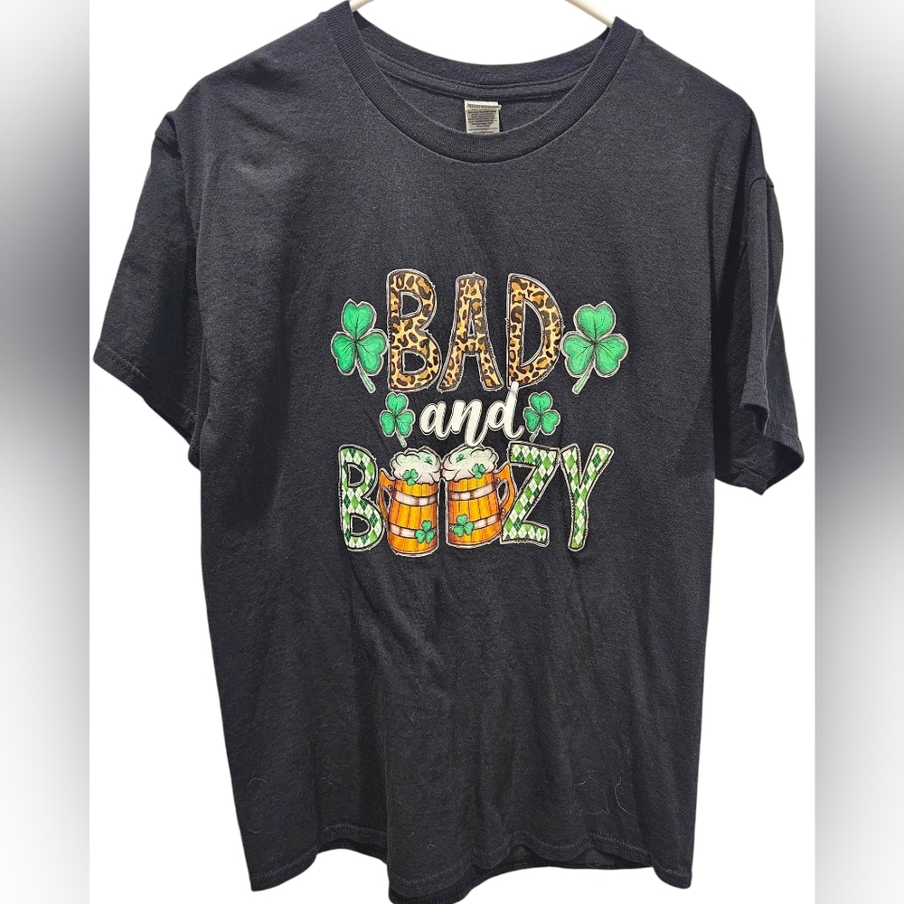 GILDAN "Bad and Boozy" St Patrick's Day Tshirt, Black Leopard & Argyle Print, L